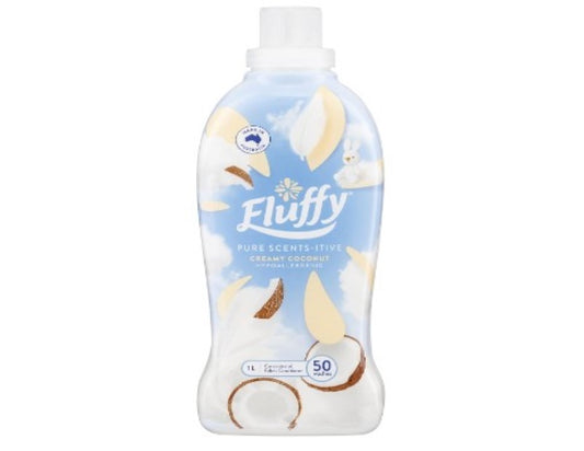 Fluffy Concentrate Liquid Fabric Softener Conditioner, 1L, 50 Washes, Creamy Coconut, Pure Scents-itive, Hypoallergenic