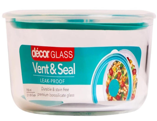 Decor Vent & Seal Glass Round Food Container, 750 ml Capacity