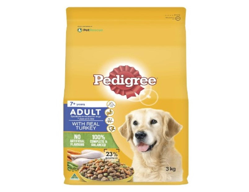 PEDIGREE Adult 7+ Dry Dog Food With Real Turkey 3kg Bag, 4 Pack