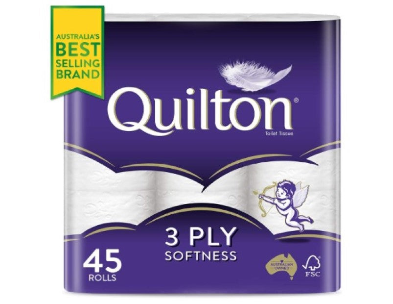 Quilton 3 Ply Toilet Tissue (180 Sheets per Roll, 11x10cm), Pack of 45