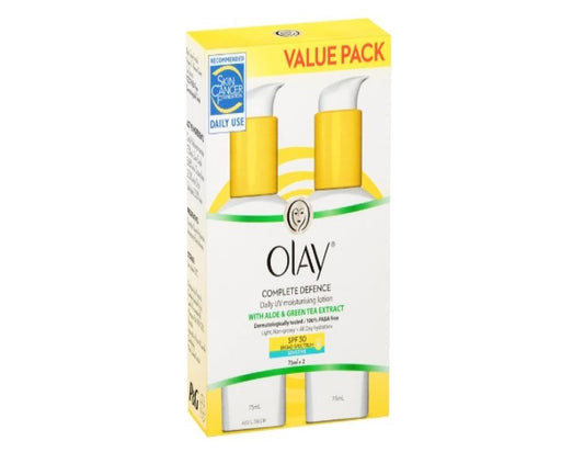 Olay Complete Defence Daily UV Moisturising Lotion with Aloe and Green Tea Extract 2 Pack, 75ml