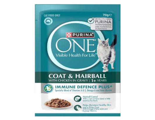 PURINA ONE Adult Wet Cat Food Coat and Hairball with Chicken in Gravy Pouch 12x70g