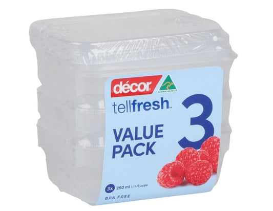 Décor  Food Storage Container, 250 mL, Oblong, Pack of 3, Clear