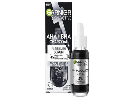 Garnier Skinactive 4 Percent AHA + BHA (Salicylic Acid) and Niacinamide Charcoal Serum, Suitable for Sensitive Skin, 30ml