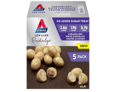 Atkins Caramelised White Chocolate Coated Almonds Endulge 5 x 30g, Pack of 5, Low Carb, Low Sugar, High Fibre