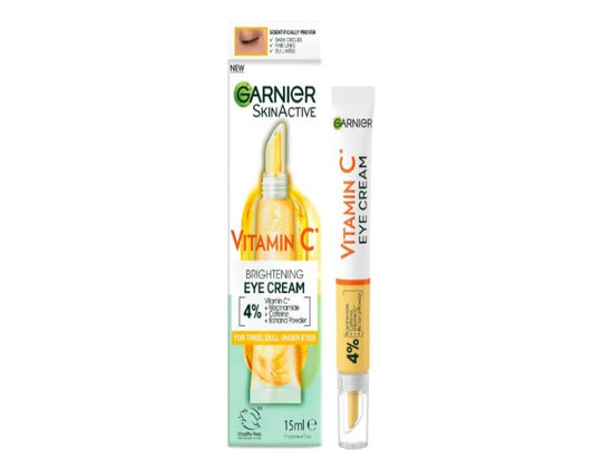 Garnier Vitamin C Eye Cream for Dark Circles, 4% Vitamin C, Niacinamide, Banana Powder, Caffeine,  Under Eue Bags And Puffiness, 15ml