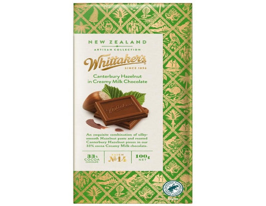 Whittaker's Canterbury Hazelnut Creamy Milk Chocolate Block 100g - 2 Pack