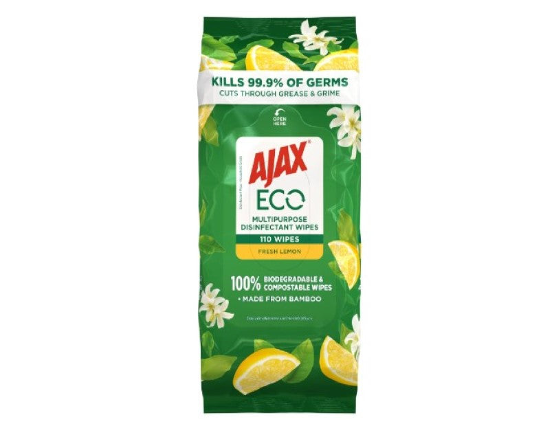 Ajax Eco Antibacterial Disinfectant Surface Cleaning Wipes, Bulk 110 Pack, Fresh Lemon, Multipurpose, Biodegradable and Compostable, Made with Bamboo Fibres