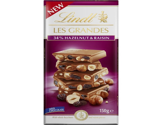 Lindt Les Grandes Milk Chocolate Hazelnut & Raisin Block 150g