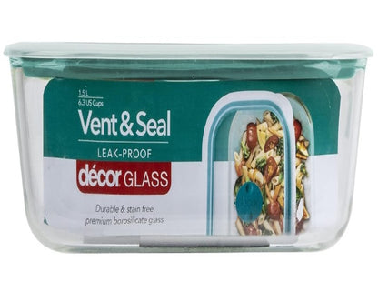 Decor Vent & Seal Glass Oblong Food Container, 1.5 Liter Capacity, Transparent