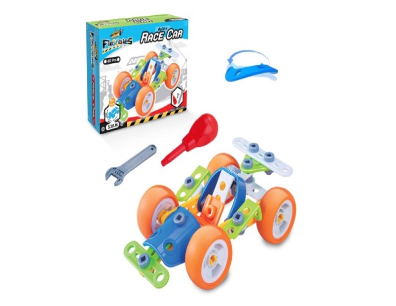 Construct IT Flexibles Race Car Building Set with Tools Included - 60 Pieces Toy Racing Car Construction Set