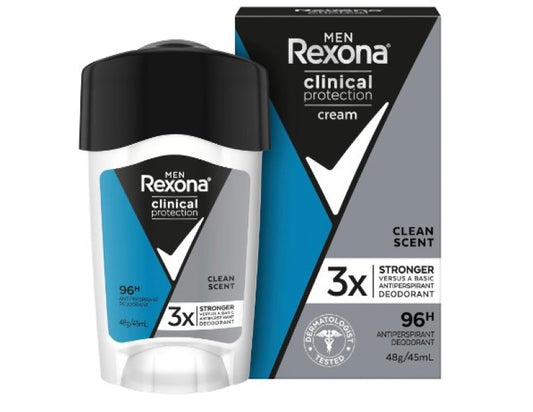 Rexona Men Clinical Antiperspirant Cream Stick Deodorant Clean Scent, 45ml, 96 Hour Protection