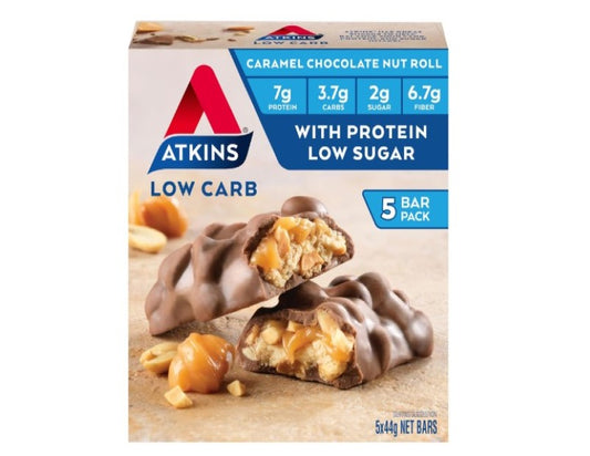 Atkins Caramel Chocolate Nut Roll Snack Bar - High in Fibre, Low Sugar, Protein Snack, 5 Pack