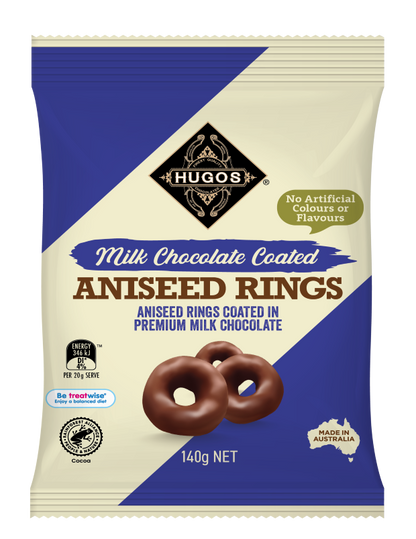 Hugo's Confectionery Milk Chocolate Aniseed Rings 140g - 3 Pack