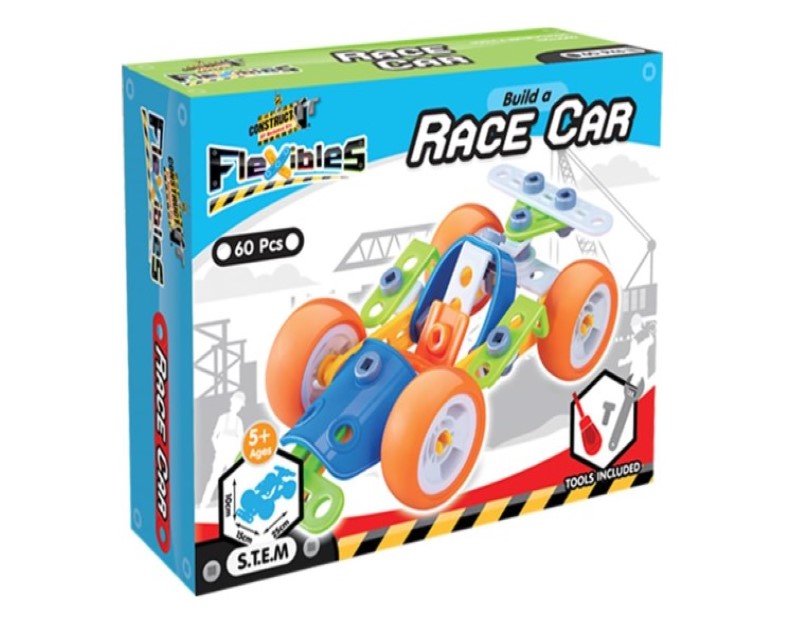 Construct IT Flexibles Race Car Building Set with Tools Included - 60 Pieces Toy Racing Car Construction Set