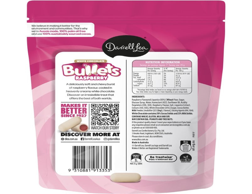 Darrell Lea White Chocolate Bullets Raspberry 180g - 2 Pack