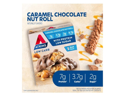 Atkins Caramel Chocolate Nut Roll Snack Bar - High in Fibre, Low Sugar, Protein Snack, 5 Pack