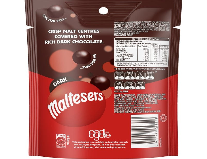 Maltesers Dark Chocolate Snack & Share Bag 135g - 2 Pack