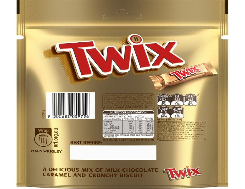 Twix Chocolate Caramel Biscuit Snack Bag 11 Pieces 159g - 2 Pack