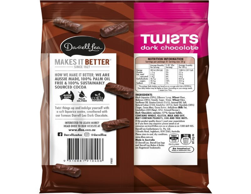 Darrell Lea Twists Dark Chocolate Liqourice 200g - 2 Pack