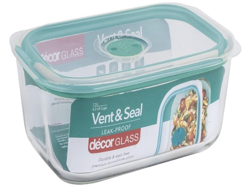 Decor Vent & Seal Glass Oblong Food Container, 1.5 Liter Capacity, Transparent