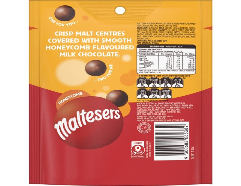 Maltesers Honeycomb Milk Chocolate Flavoured Snack and Share Bag 125g