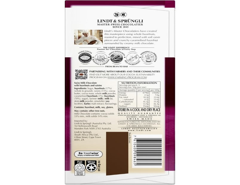 Lindt Les Grandes Milk Chocolate Hazelnut & Raisin Block 150g