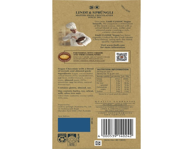 Lindt Classic Vegan Smooth Chocolate Block 100g