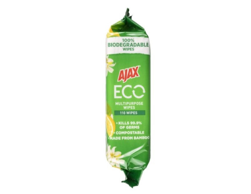 Ajax Eco Antibacterial Disinfectant Surface Cleaning Wipes, Bulk 110 Pack, Fresh Lemon, Multipurpose, Biodegradable and Compostable, Made with Bamboo Fibres