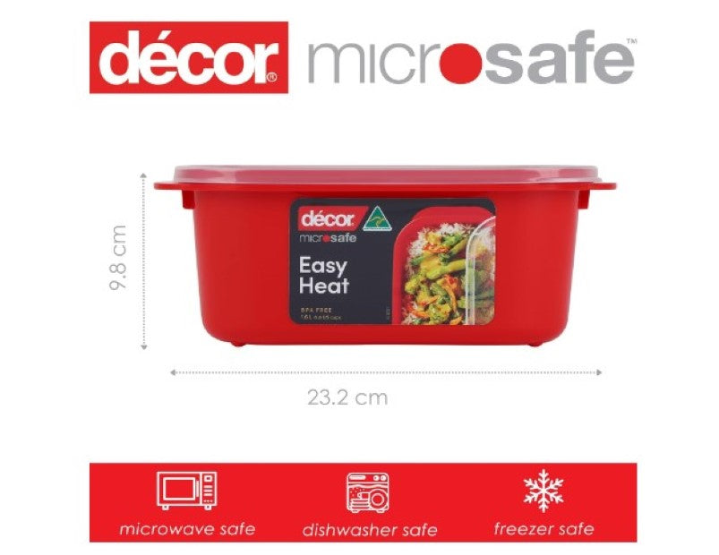 Décor Microsafe Oblong | BPA Free | Microwave Container | Steam Release Vent | Dishwasher Safe, Red, 1.6L