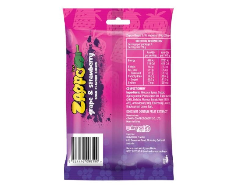 ZAPPO Sour Grape & Strawberry Chews - 4 Pack (116g)