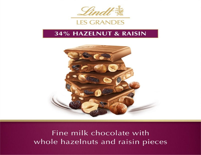 Lindt Les Grandes Milk Chocolate Hazelnut & Raisin Block 150g