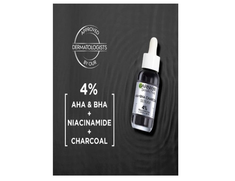 Garnier Skinactive 4 Percent AHA + BHA (Salicylic Acid) and Niacinamide Charcoal Serum, Suitable for Sensitive Skin, 30ml