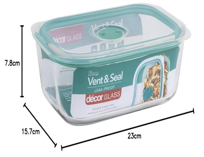 Decor Vent & Seal Glass Oblong Food Container, 1.5 Liter Capacity, Transparent