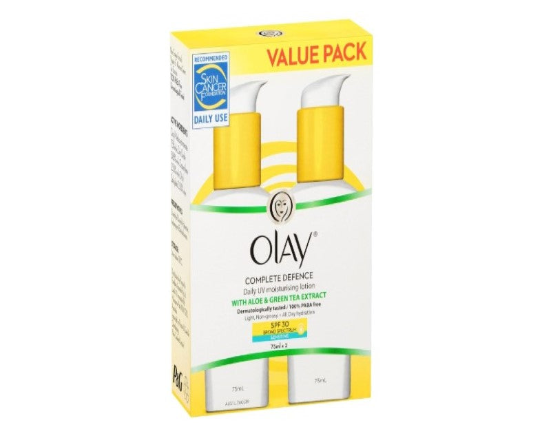 Olay Complete Defence Daily UV Moisturising Lotion with Aloe and Green Tea Extract 2 Pack, 75ml