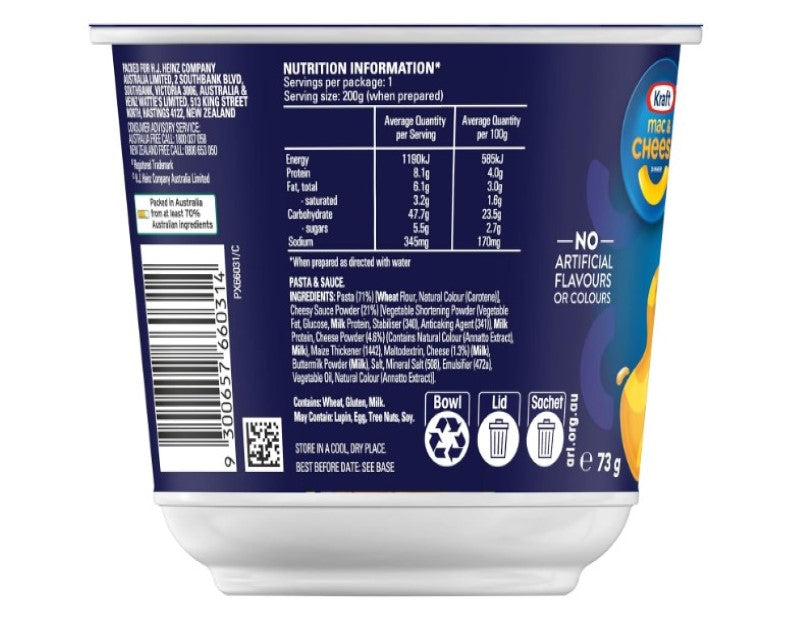 Kraft Mac and Cheese Classic Cheese Pasta Bowl Easy Microwaveable Macaroni Instant Pasta Quick Meal 73g