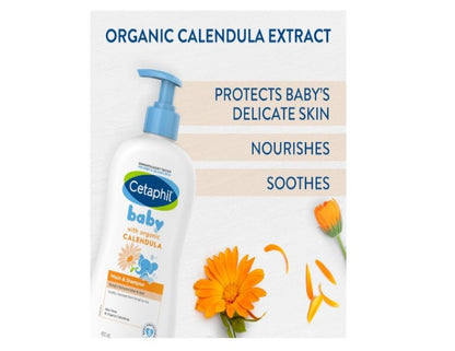 Cetaphil Baby Calendula Wash and Shampoo 400ml, for Baby's Sensitive Skin, Contains Calendula and Aloe Vera, Dermatologist Tested