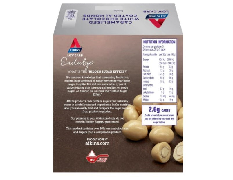 Atkins Caramelised White Chocolate Coated Almonds Endulge 5 x 30g, Pack of 5, Low Carb, Low Sugar, High Fibre