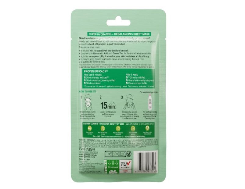 Garnier Hydra Bomb Hyaluronic Acid Green Tea Sheet Mask (3 Pack)