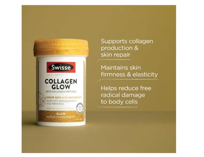 Swisse Beauty Collagen Glow With Collagen Peptides - Supports Skin Elasticity & Firmness With Vitamin C - 60 Tablets