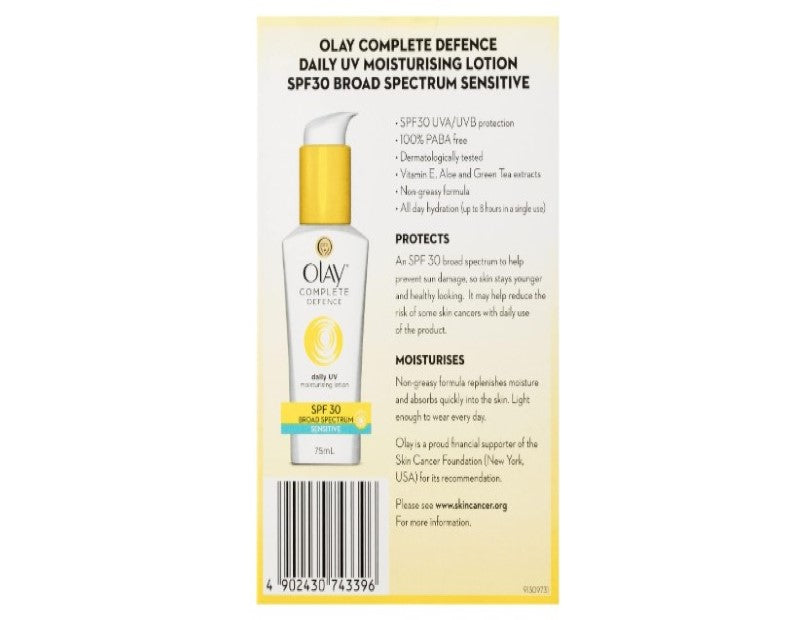 Olay Complete Defence Daily UV Moisturising Lotion with Aloe and Green Tea Extract 2 Pack, 75ml