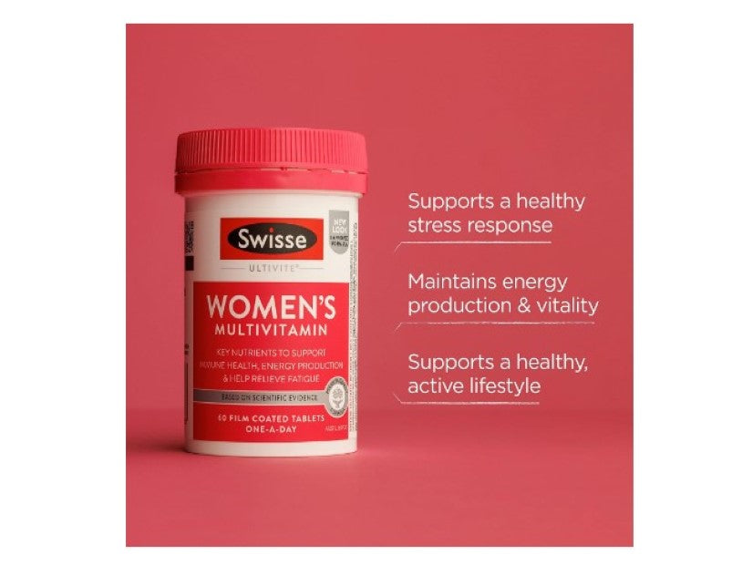 Swisse Ultivite Women's Multivitamin - with Folic Acid, Biotin & Iron to Support Energy, Immunity and Hair Health - 60 Tablets