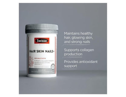 Swisse Beauty Hair Skin Nails+ - Supports Collagen Formation & Reduces Nail Splitting - 100 Tablets