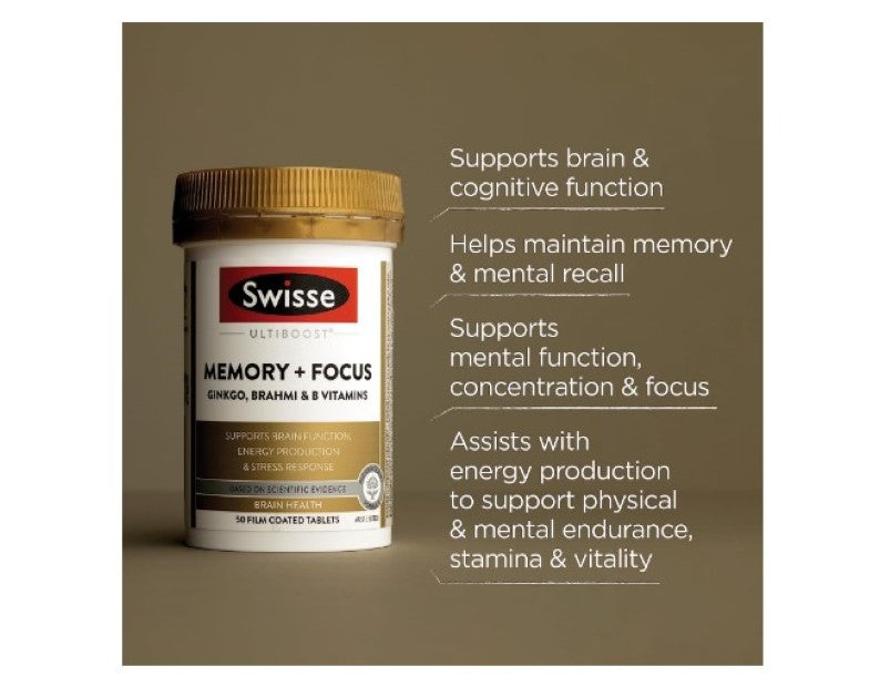 Swisse Ultiboost Memory + Focus - Supports Energy Production & Stress Response - 50 Tablets