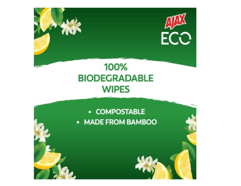 Ajax Eco Antibacterial Disinfectant Surface Cleaning Wipes, Bulk 110 Pack, Fresh Lemon, Multipurpose, Biodegradable and Compostable, Made with Bamboo Fibres