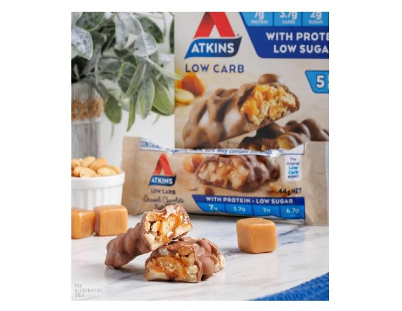 Atkins Caramel Chocolate Nut Roll Snack Bar - High in Fibre, Low Sugar, Protein Snack, 5 Pack