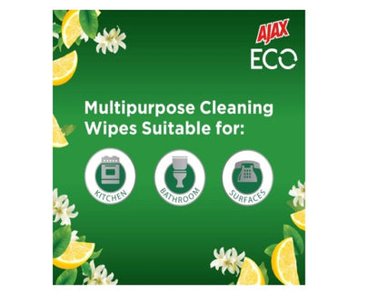 Ajax Eco Antibacterial Disinfectant Surface Cleaning Wipes, Bulk 110 Pack, Fresh Lemon, Multipurpose, Biodegradable and Compostable, Made with Bamboo Fibres