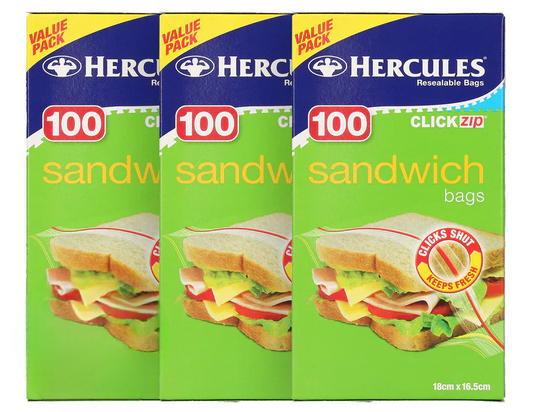 Hercules Click Zip Resealable Sandwich Bag 18x16.5cm Food Storage BPA Free 3 pack