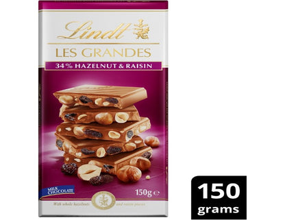 Lindt Les Grandes Milk Chocolate Hazelnut & Raisin Block 150g