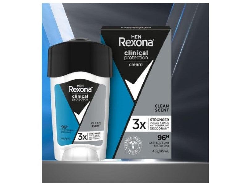 Rexona Men Clinical Antiperspirant Cream Stick Deodorant Clean Scent, 45ml, 96 Hour Protection